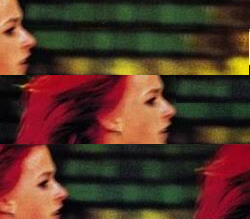 Triptych of stills from Run Lola Run